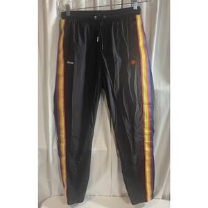 Ellesse Santi track pants with rainbow taping in black size Medium **FLAW**